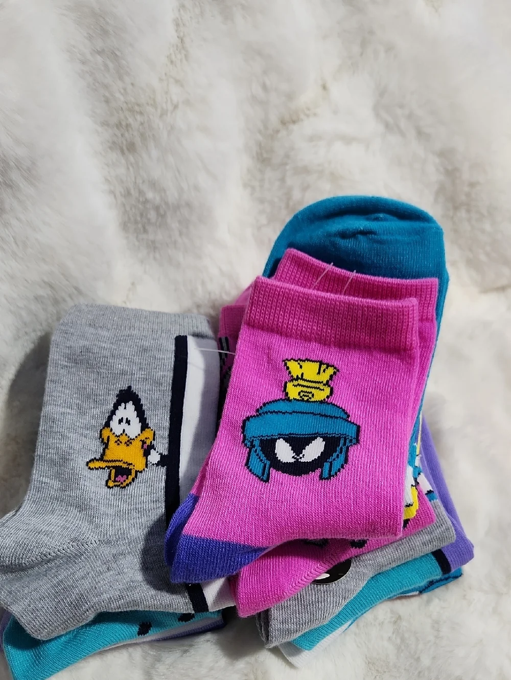 Colorful Cartoon Crew Socks - Pink, Teal, Gray Unisex